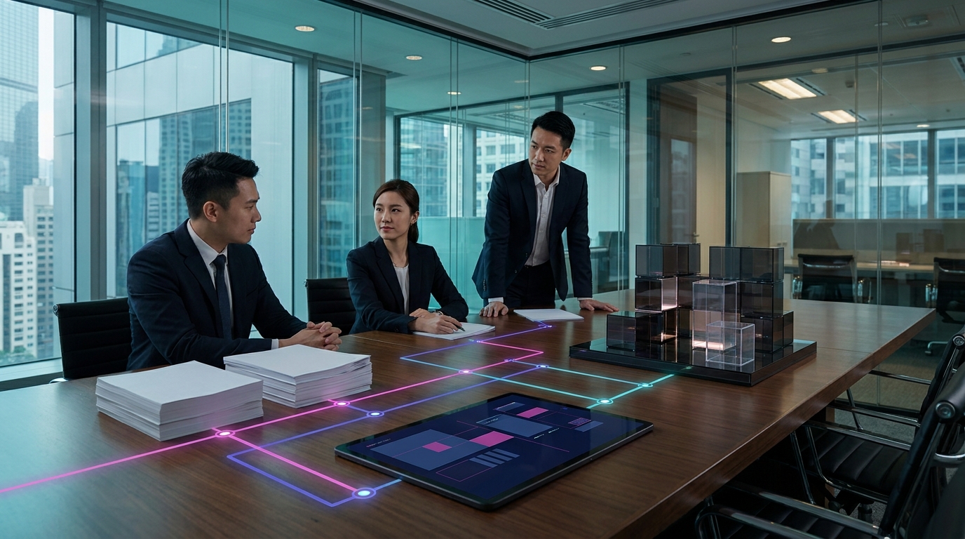 Institutional team reviewing regulated digital infrastructure architecture in a program room
