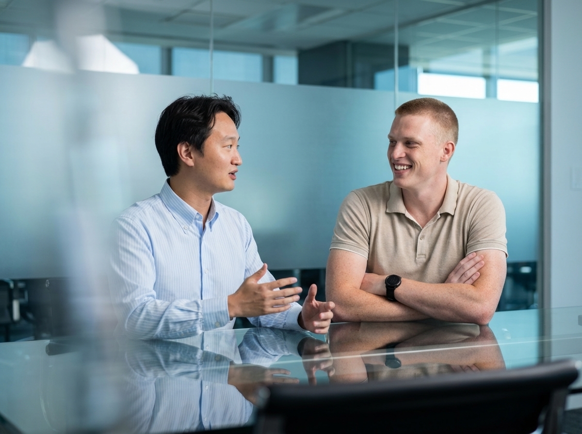 Two professionals discussing a member-facing digital platform in a modern office