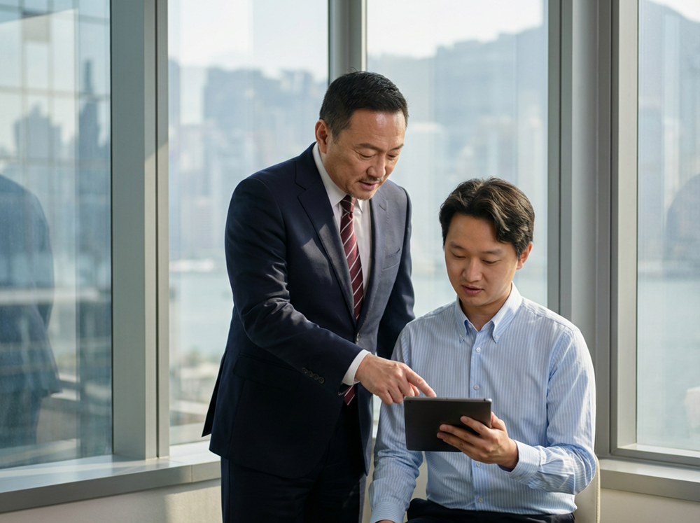 Two financial professionals reviewing regulated digital infrastructure on a tablet